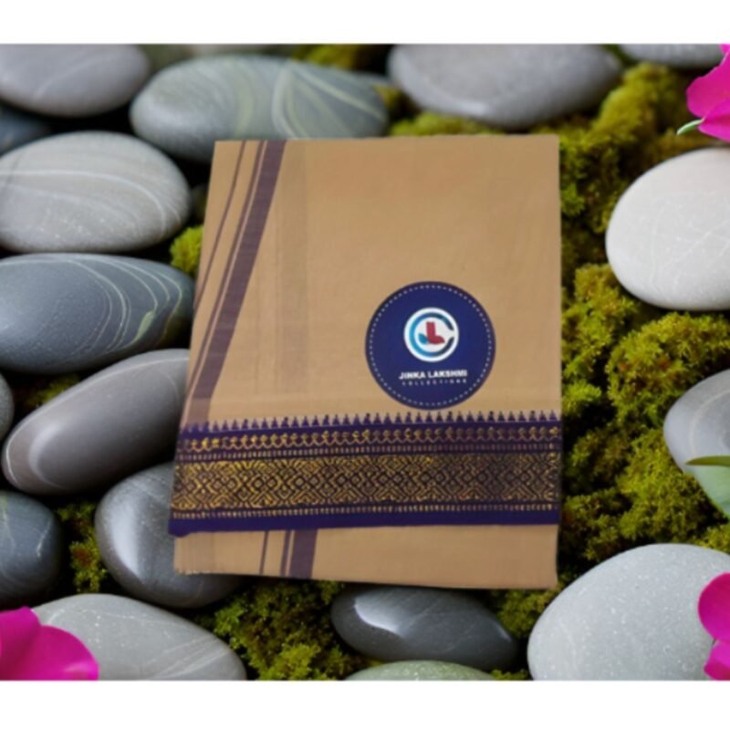 Beige Cotton Lungi 2 Meters With Blue Border Folded Lifstyle