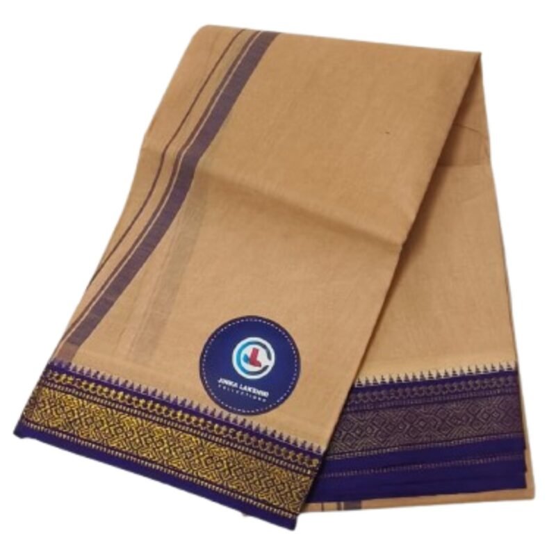 Beige Cotton Lungi 2 Meters With Blue Border Unfolded1