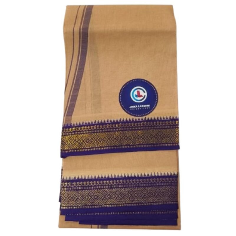 Beige Cotton Lungi 2 Meters With Blue Border Unfolded2