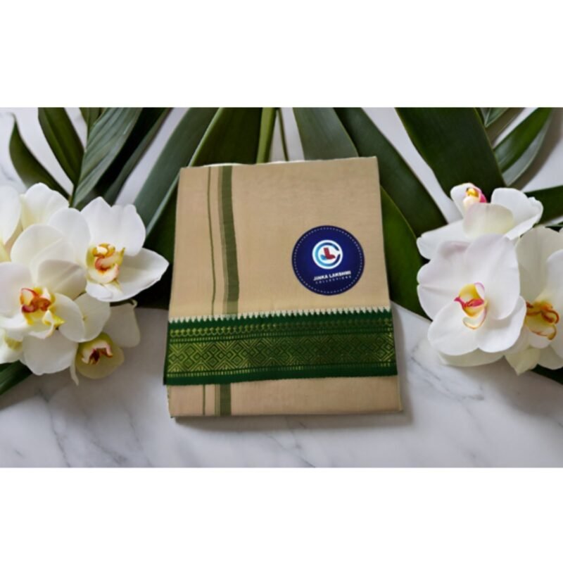 Beige Cotton Lungi 2 Meters With Green Border Unstitched Folded Lifestyle