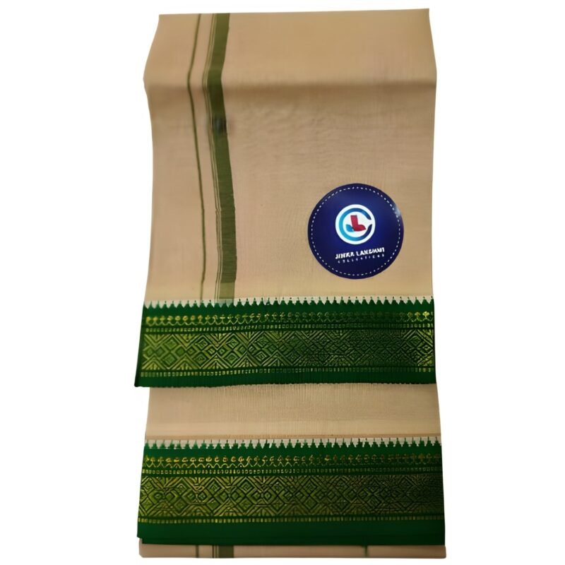 Beige Cotton Lungi 2 Meters With Green Border Unstitched Unfolded2