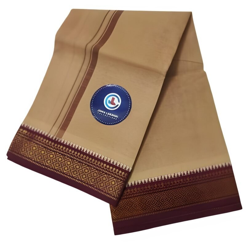 Beige Cotton Lungi 2 Meters With Maroon Border Unstitched Unfolded1