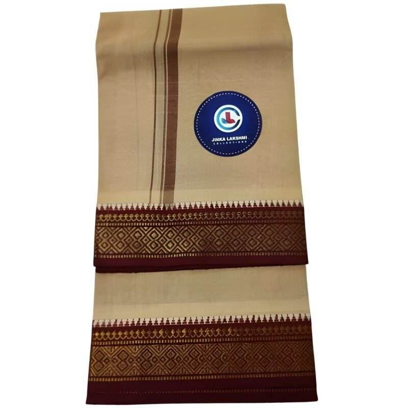 Beige Cotton Lungi 2 Meters With Maroon Border Unstitched Unfolded2