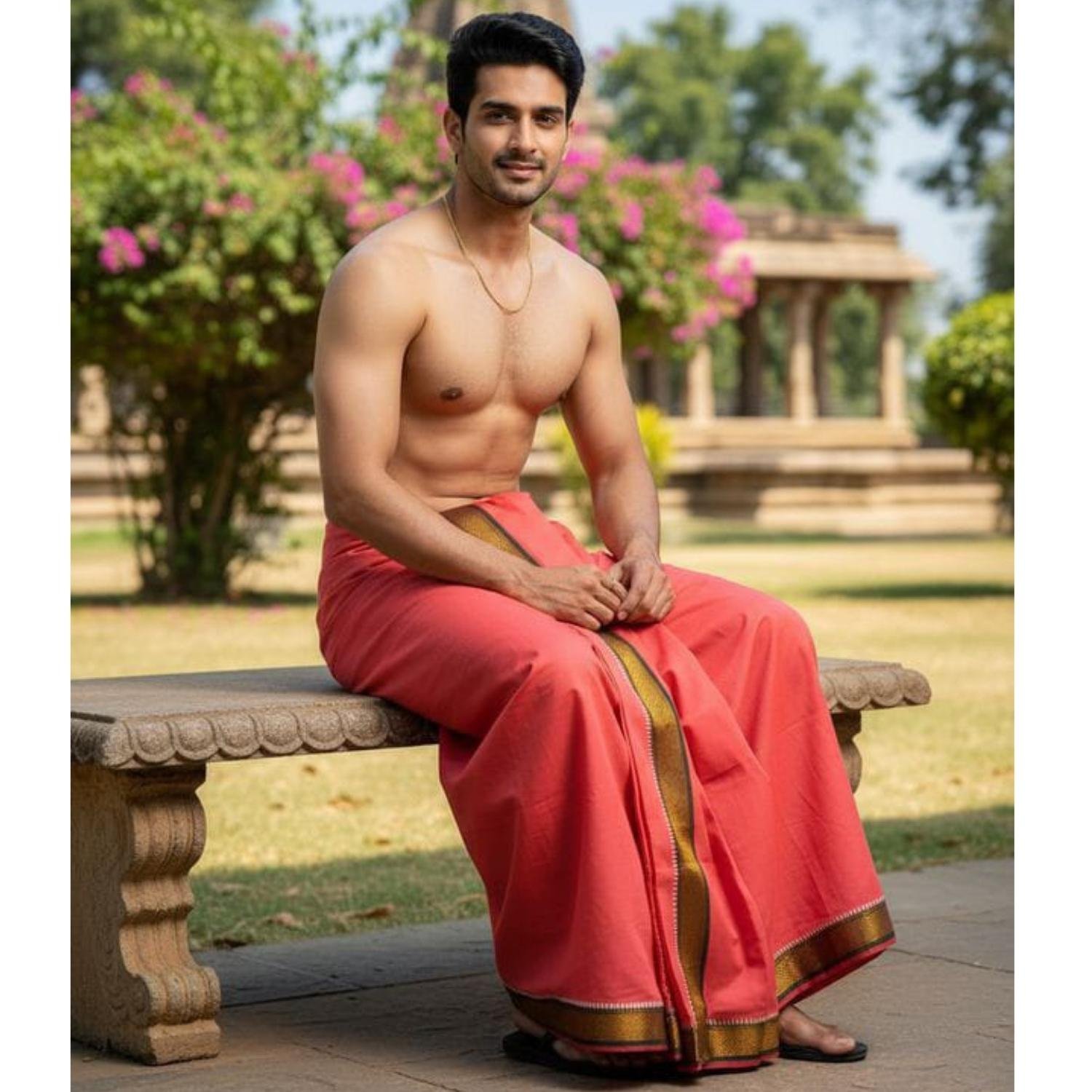 Crimson Red Cotton Dhoti 9x5 Unstitched Model Image