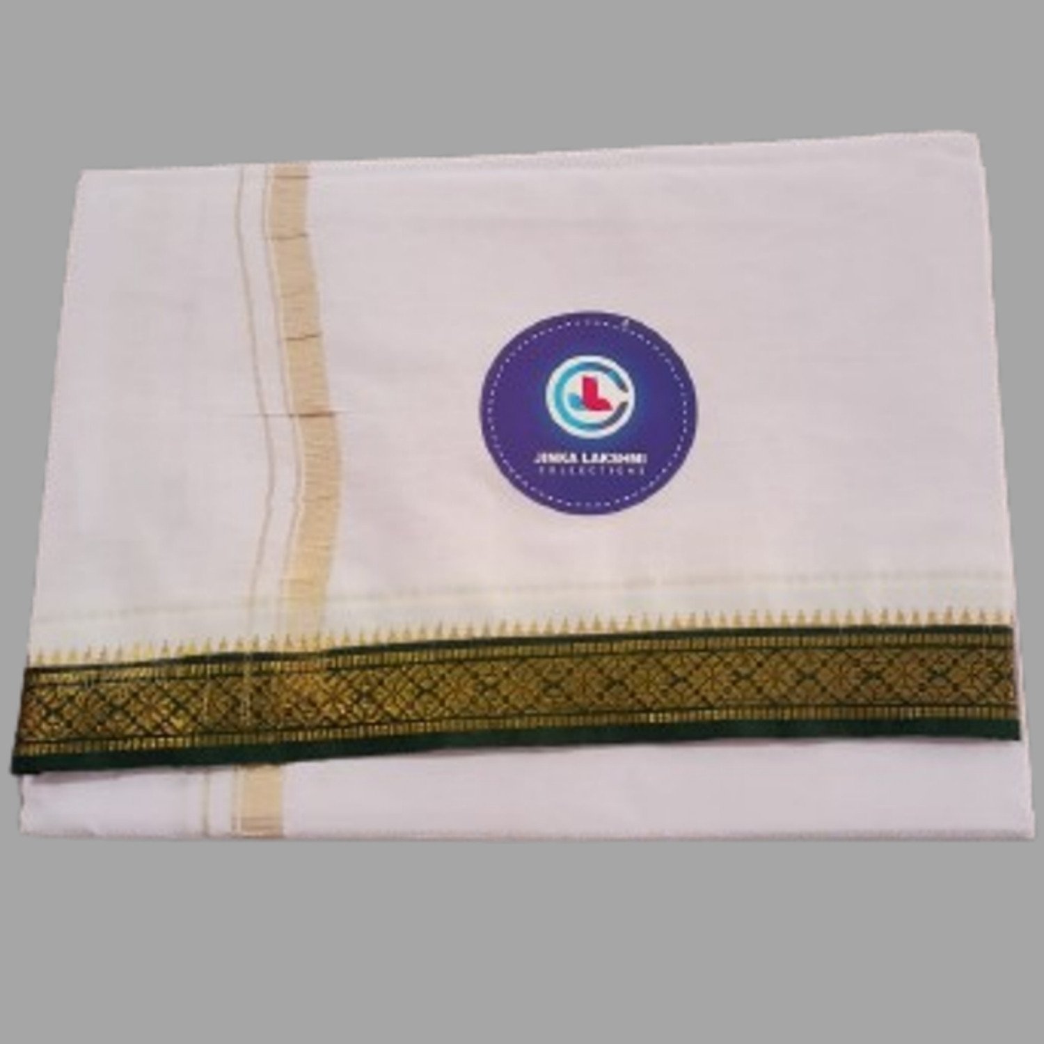 White Cotton Dhoti 4 Meters Unstitched With Small Green Border Folded