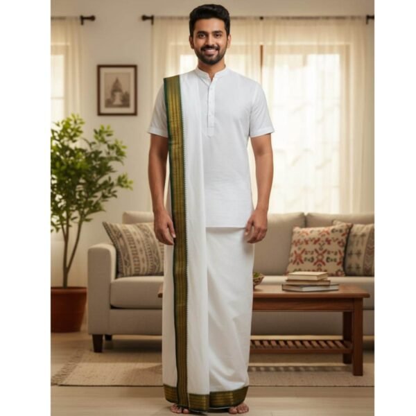 Traditional White Cotton Dhoti 9x5 Unstitched Model image