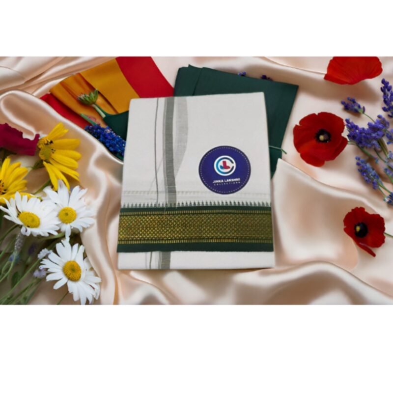 White Cotton Lungi 2 Meters With Green Border Unstitched Folded Lifestyle