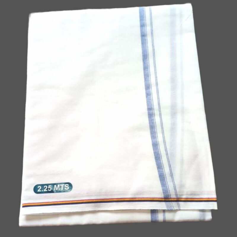 White Cotton Lungi 2.25 Meters With Blue Border Unstitched Folded