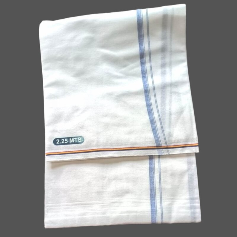 White Cotton Lungi 2.25 Meters With Blue Border Unstitched Unfolded2