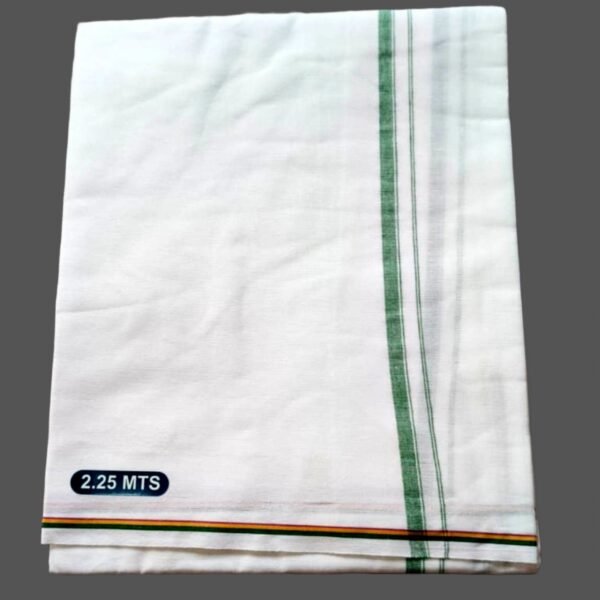 White Cotton Lungi 2.25 Meters With Green Border Unstitched Folded