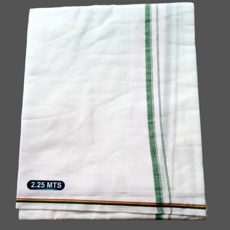 White Cotton Lungi 2.25 Meters With Green Border Unstitched Folded