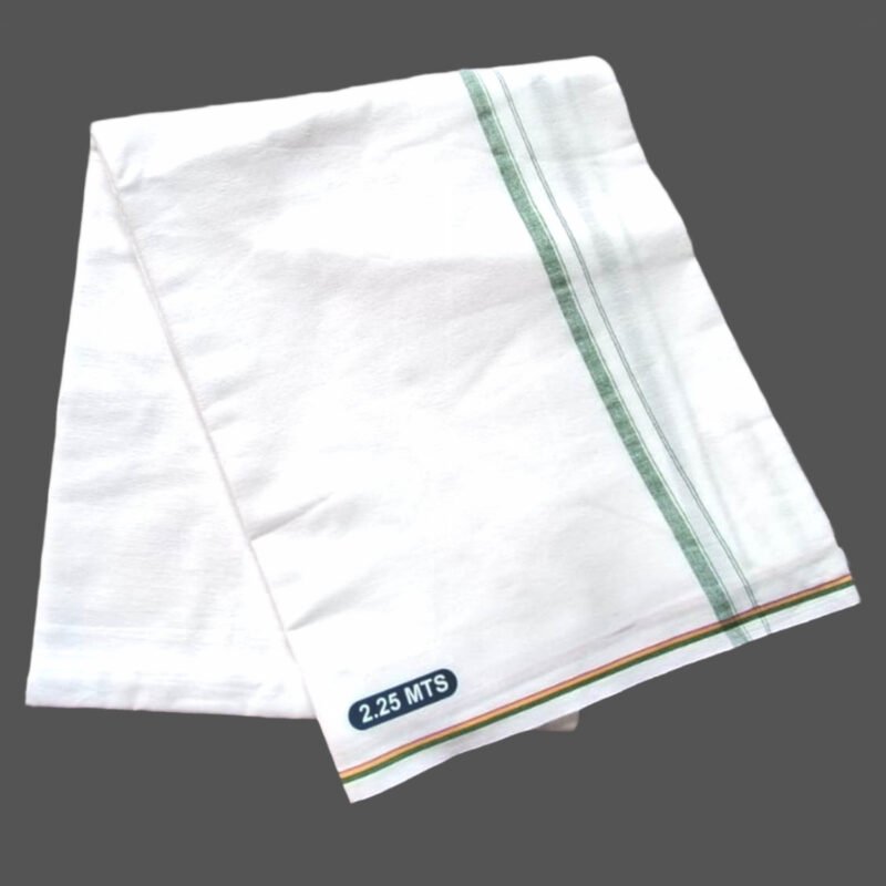 White Cotton Lungi 2.25 Meters With Green Border Unstitched Unfolded1