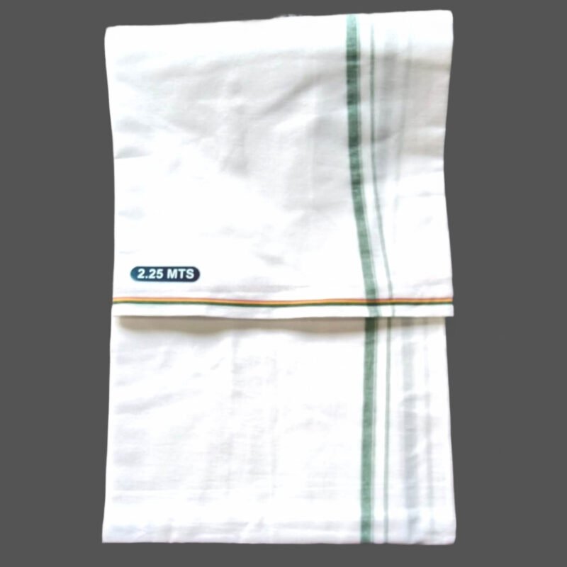 White Cotton Lungi 2.25 Meters With Green Border Unstitched Unfolded2