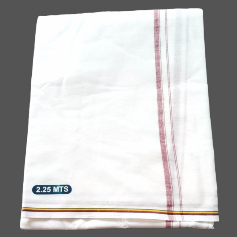 White Cotton Lungi 2.25 Meters With Maroon Border Unstitched Folded