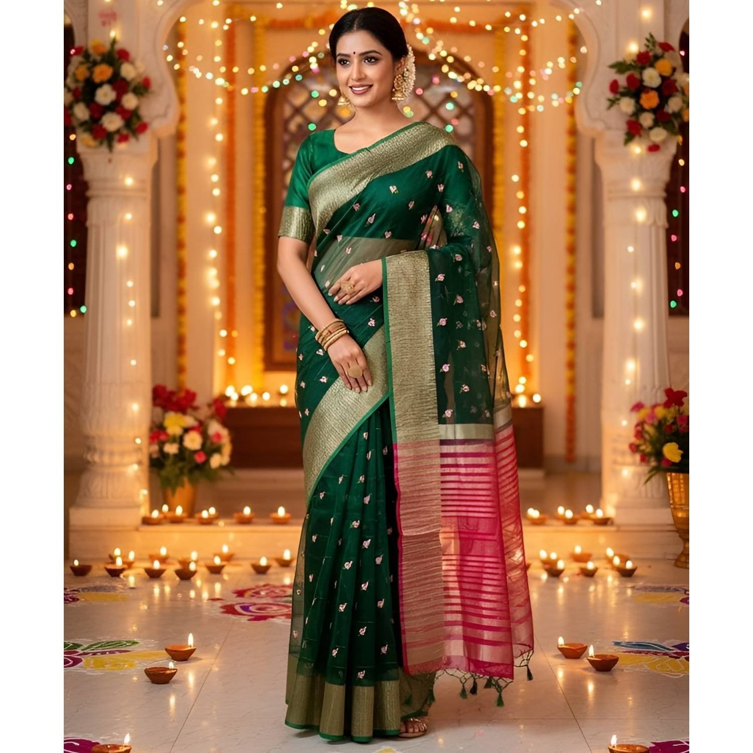 Green Crush Silk Saree With Blouse For Women Lifestyle