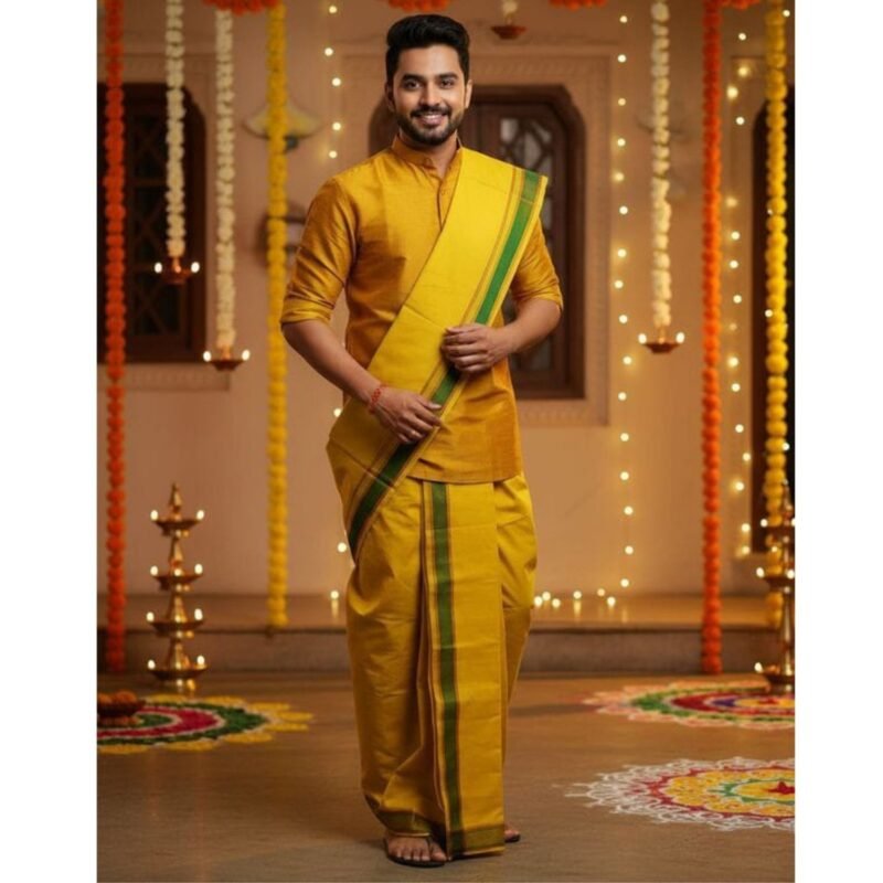Lemon Yellow Cotton Dhoti 9x5 Size Lifestyle