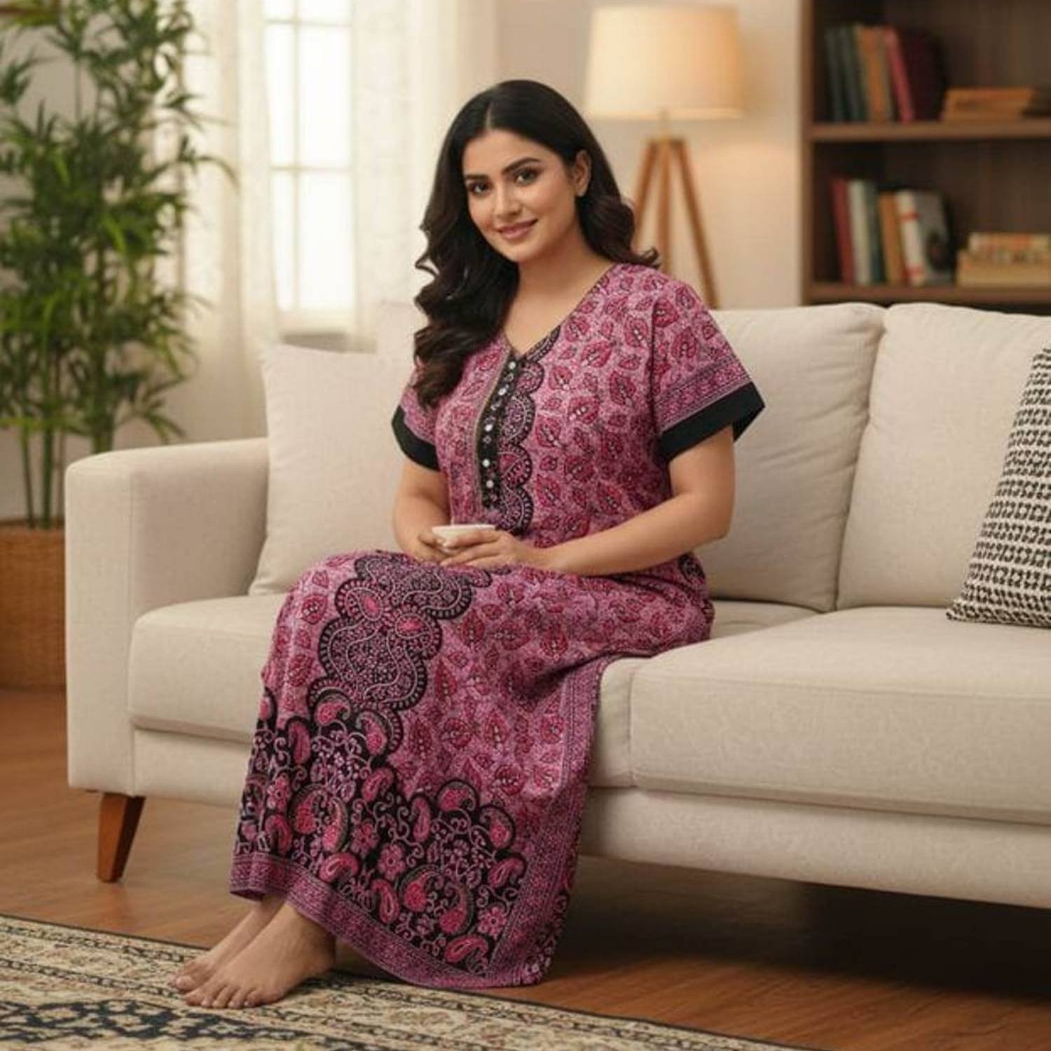 Jaipuri Cotton Nighty With Pocket Model 3 Lifestyle