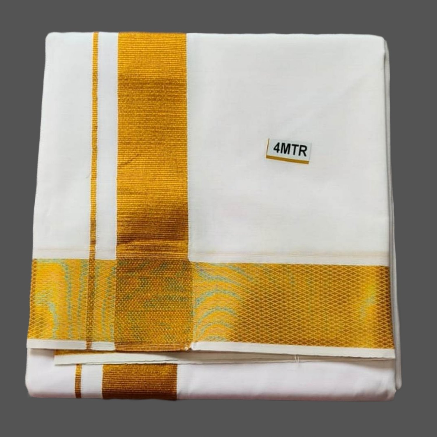 White Cotton Dhoti 4 Meters with Big Gold Border Folded