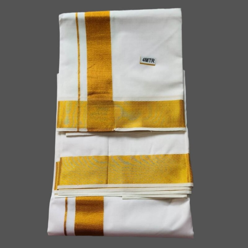 White Cotton Dhoti 4 Meters with Big Gold Border Unfolded