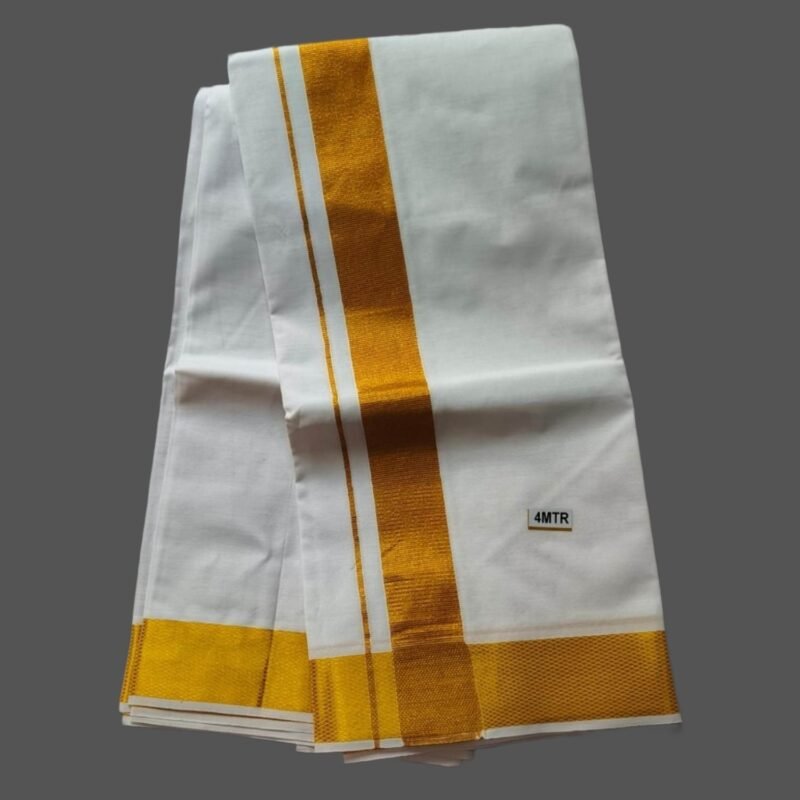 White Cotton Dhoti 4 Meters with Big Gold Border Unfolded1