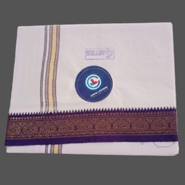 White Cotton Dhoti 4 Meters with Blue big border Folded