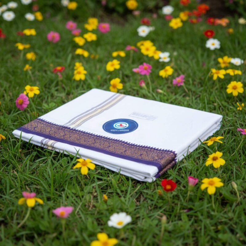 Men's White Cotton Dhoti 4 Meters with Blue big border Folded lifestyle