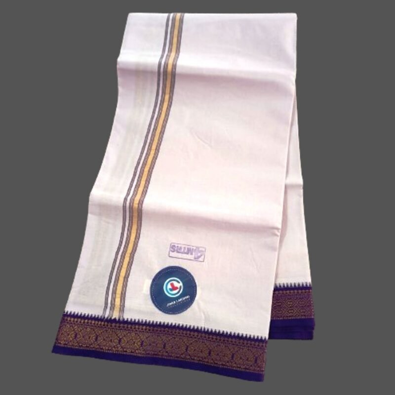 Men's White Cotton Dhoti 4 Meters with Blue big border Unfolded