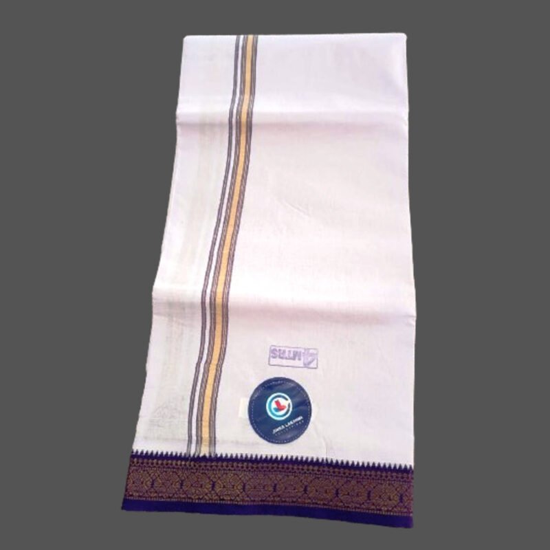 Men's White Cotton Dhoti 4 Meters with Blue big border Unfolded1