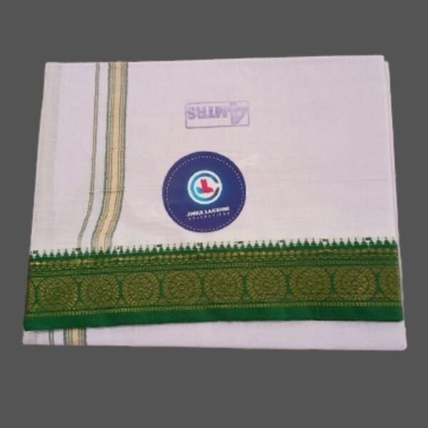 White Cotton Dhoti 4 Meters with Green big border Folded
