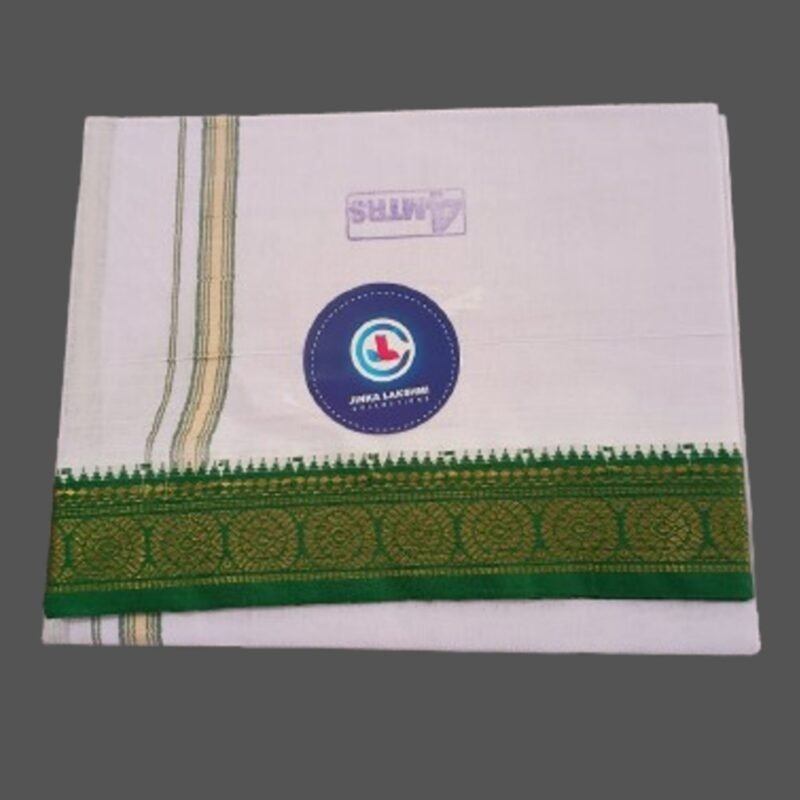 White Cotton Dhoti 4 Meters with Green big border Folded