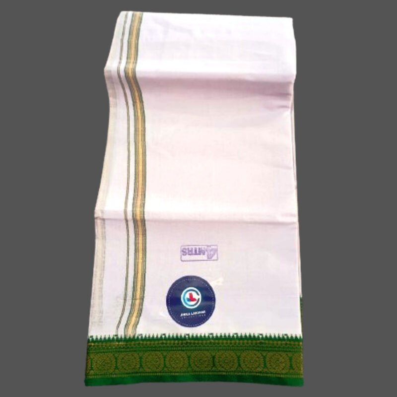 Men's White Cotton Dhoti 4 Meters with Green big border Unfolded1