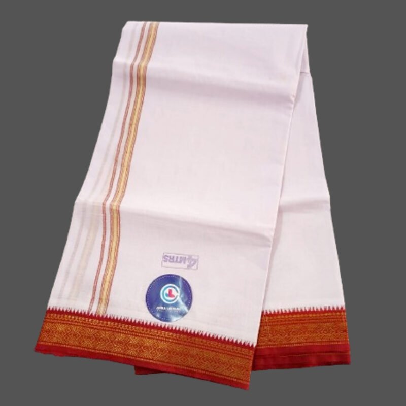 Men's White Cotton Dhoti 4 Meters with Big Maroon border Unfolded