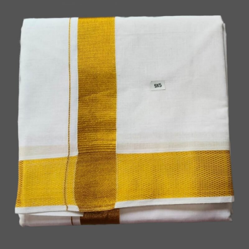 White Cotton Dhoti 9x5 size With Big Gold Zari Border Folded
