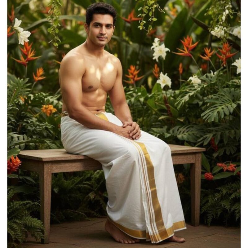 White Cotton Dhoti 9x5 size With Big Gold Zari Border Lifestyle.1jpg