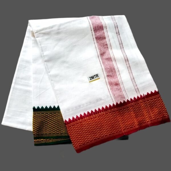 White Cotton Lungi 2 Meters with Green & Maroon Big borders Unfolded1