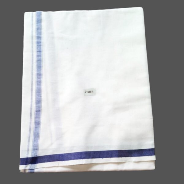 White Cotton Lungi 2 Meters with Small Blue Border Folded