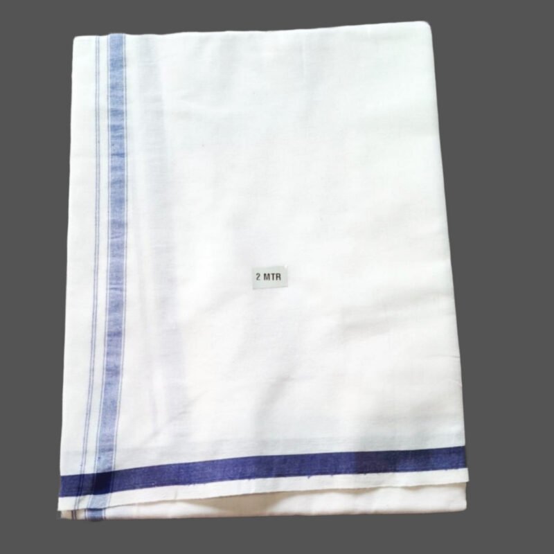 White Cotton Lungi 2 Meters with Small Blue Border Folded