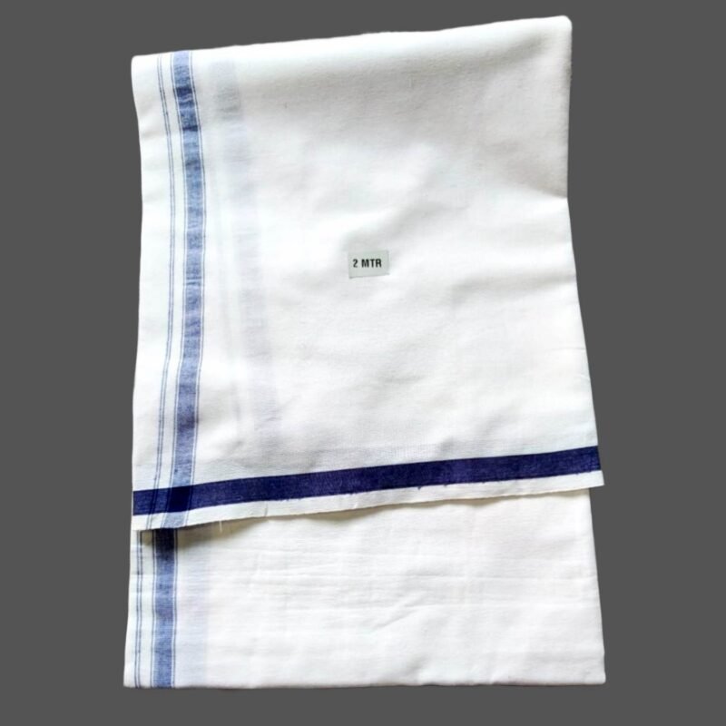 White Cotton Lungi 2 Meters with Blue Border Unfolded