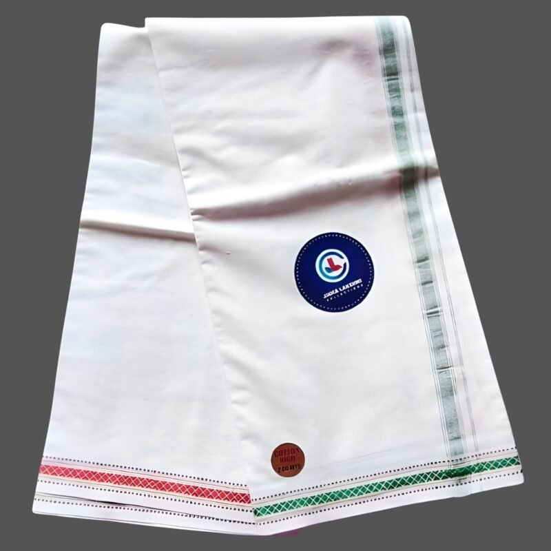 White Cotton Lungi 2 Meters with Design border Unfolded