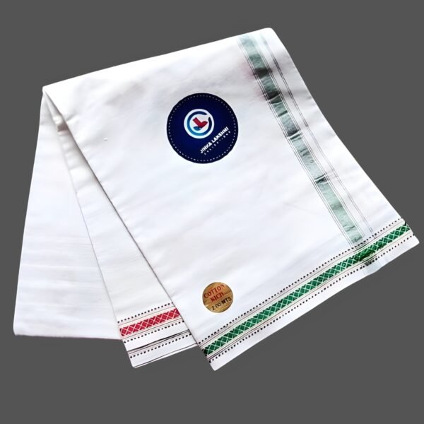 White Cotton Lungi 2 Meters with Green & Maroon Small border Unfolded1