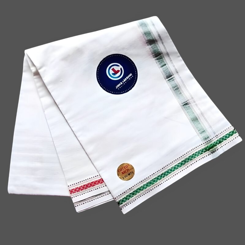 White Cotton Lungi 2 Meters with Green & Maroon Small border Unfolded1