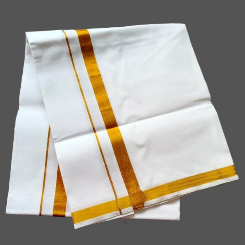 White Cotton Lungi 2 Meters with Gold Border Unfolded