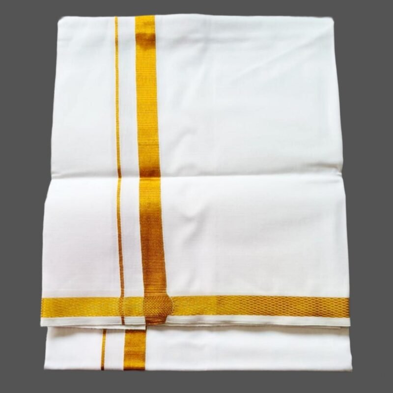 White Cotton Lungi 2 Meters with Gold Border Unfolded1