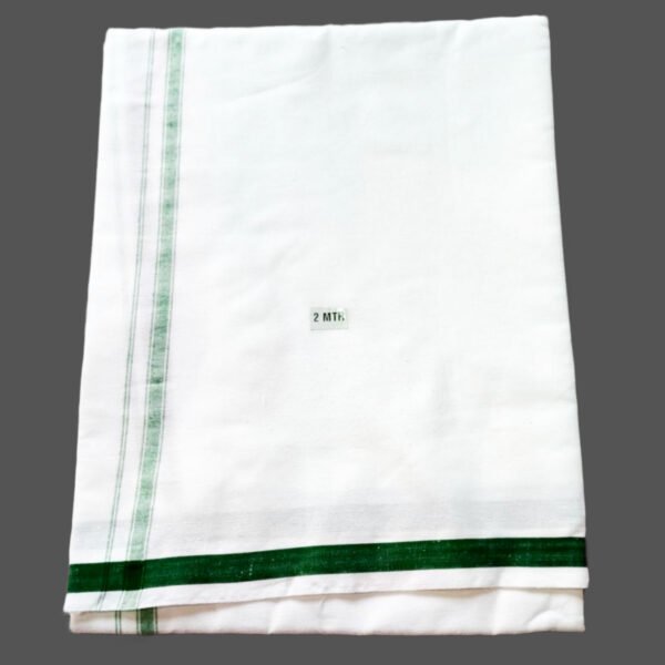 White Cotton Lungi 2 Meters with Small Green Border Folded