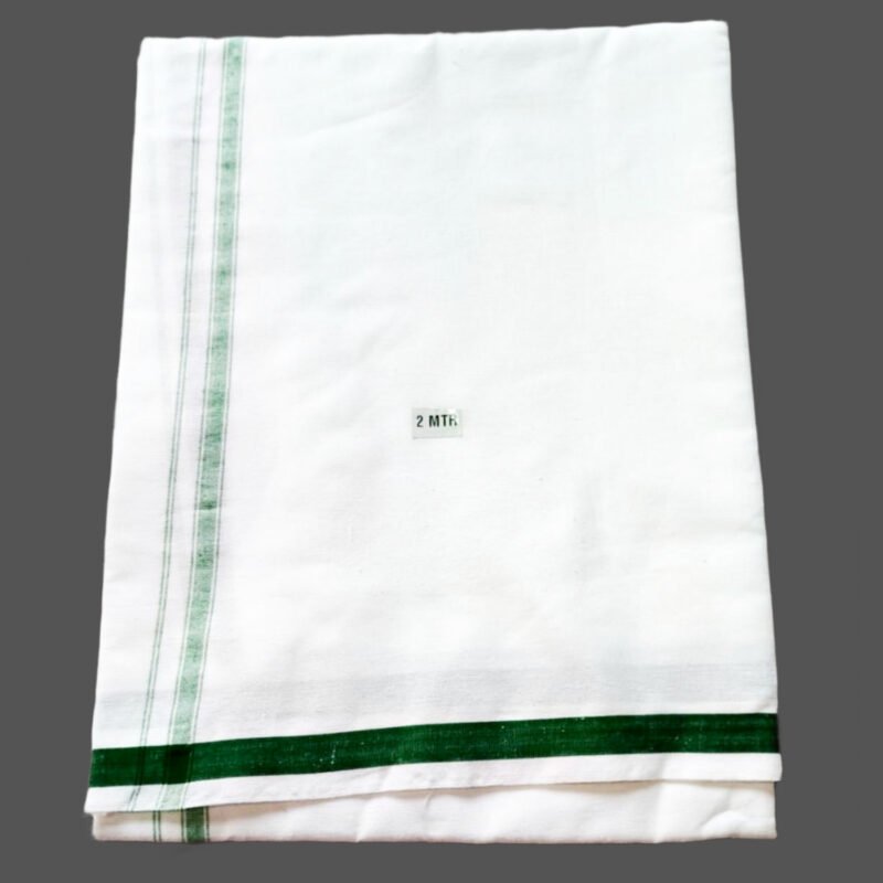 White Cotton Lungi 2 Meters with Small Green Border Folded
