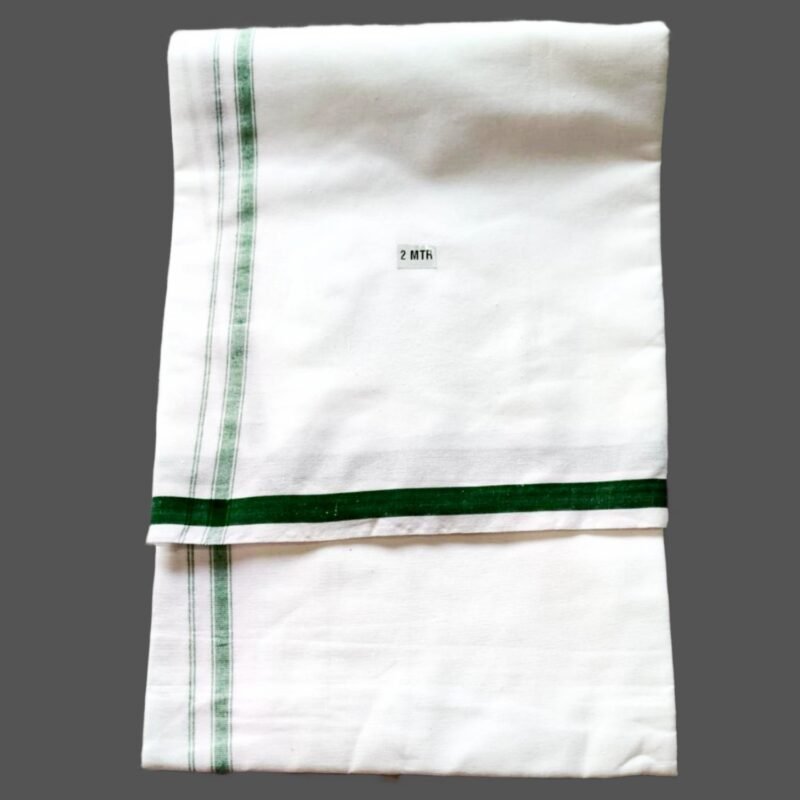 White Cotton Lungi 2 Meters with Green Border Unfolded