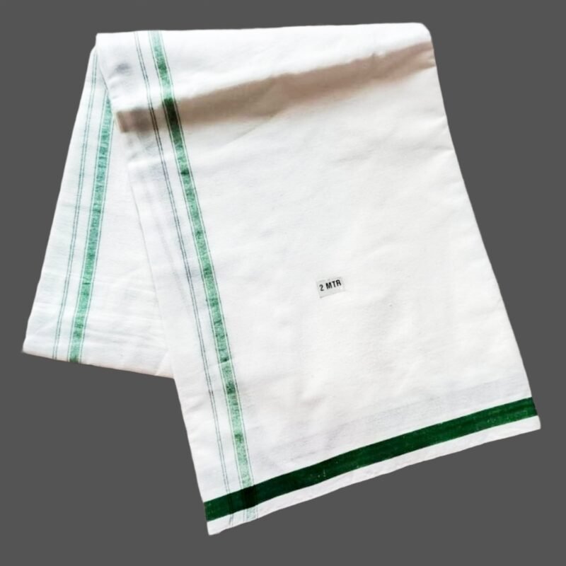 White Cotton Lungi 2 Meters with Green Border Unfolded1jpg