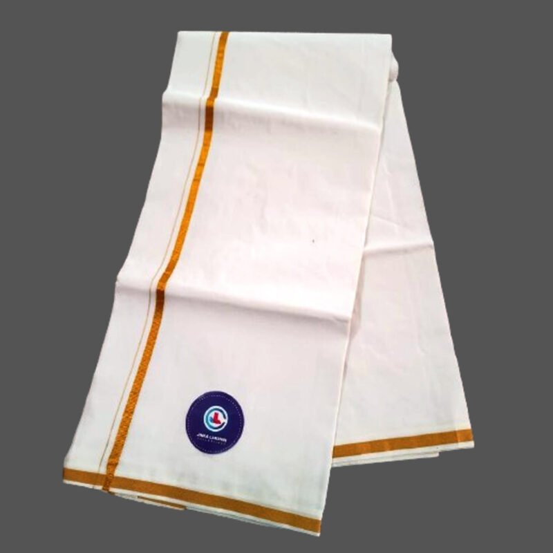White cotton lungi 4 meters with small gold zari border Unfolded