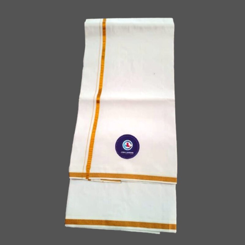 Men's White cotton lungi 4 meters with small gold zari border Unfolded1