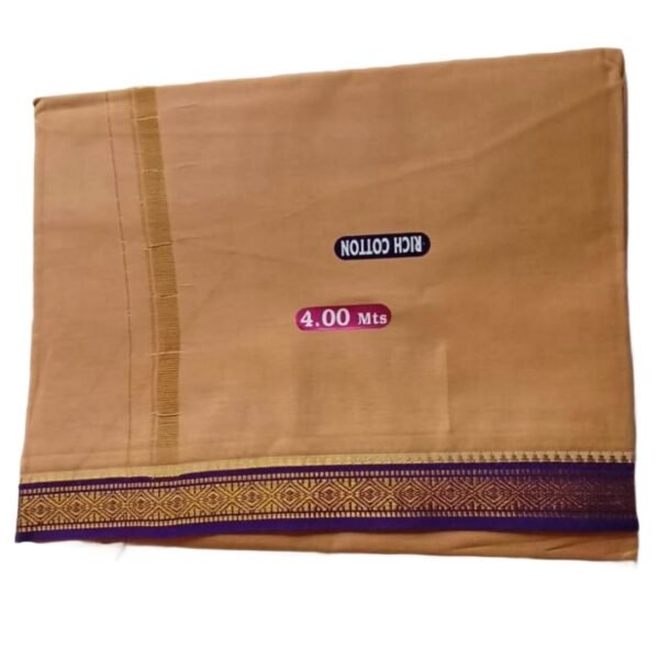 Beige Cotton Dhoti 4 Meters With Small Blue Border Unstitched Folded